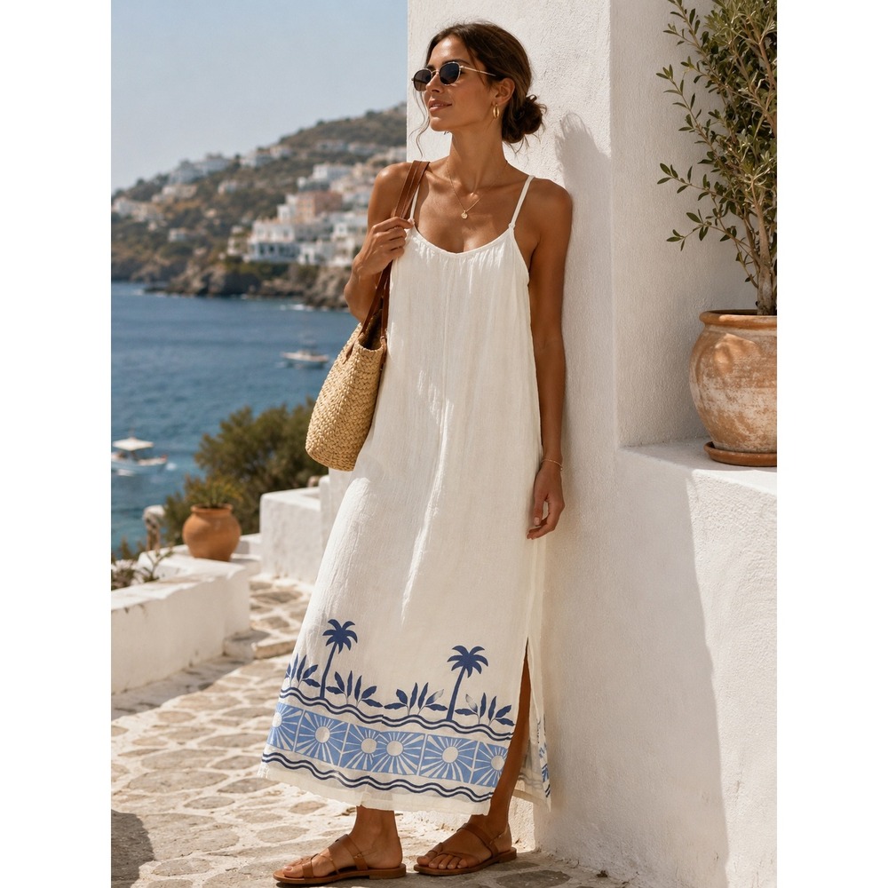 Rip Curl Santorini Sun Print Gauze Maxi Dress M? Adj Straps Breezy Flowy Summer